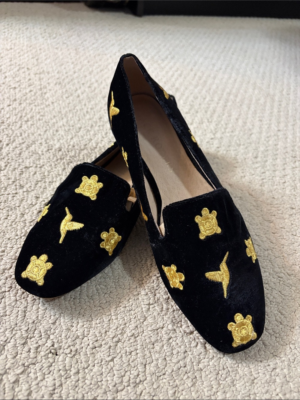 Jack Rogers Black Velvet Loafers with Gold Embroidered Motifs